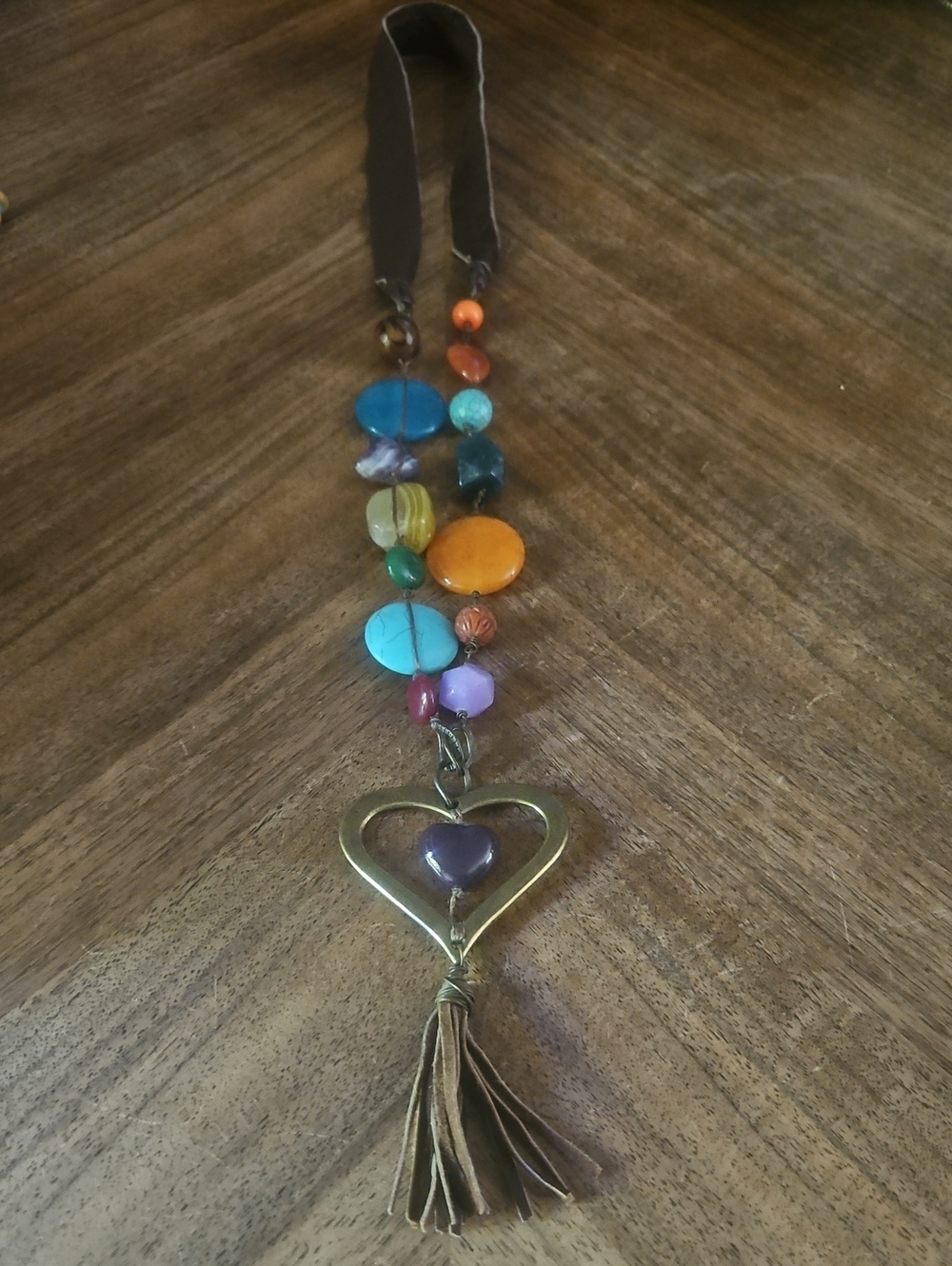 Vintage Boho Mixed Media Multi-Stone Heart & Leather Tassel Necklace